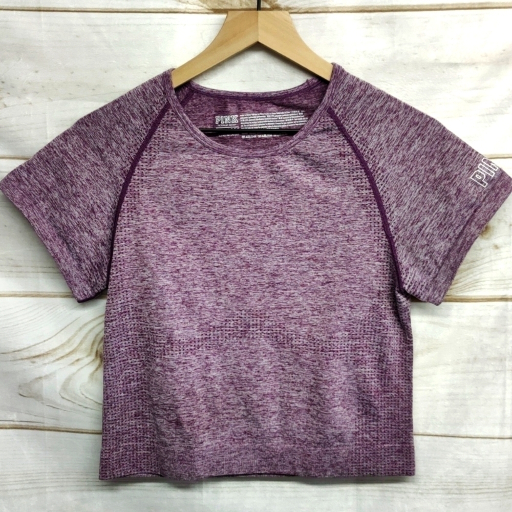 Victoria's Secret Pink Heathered Purple Seamless Fitted Short Sleeve Crop, XL